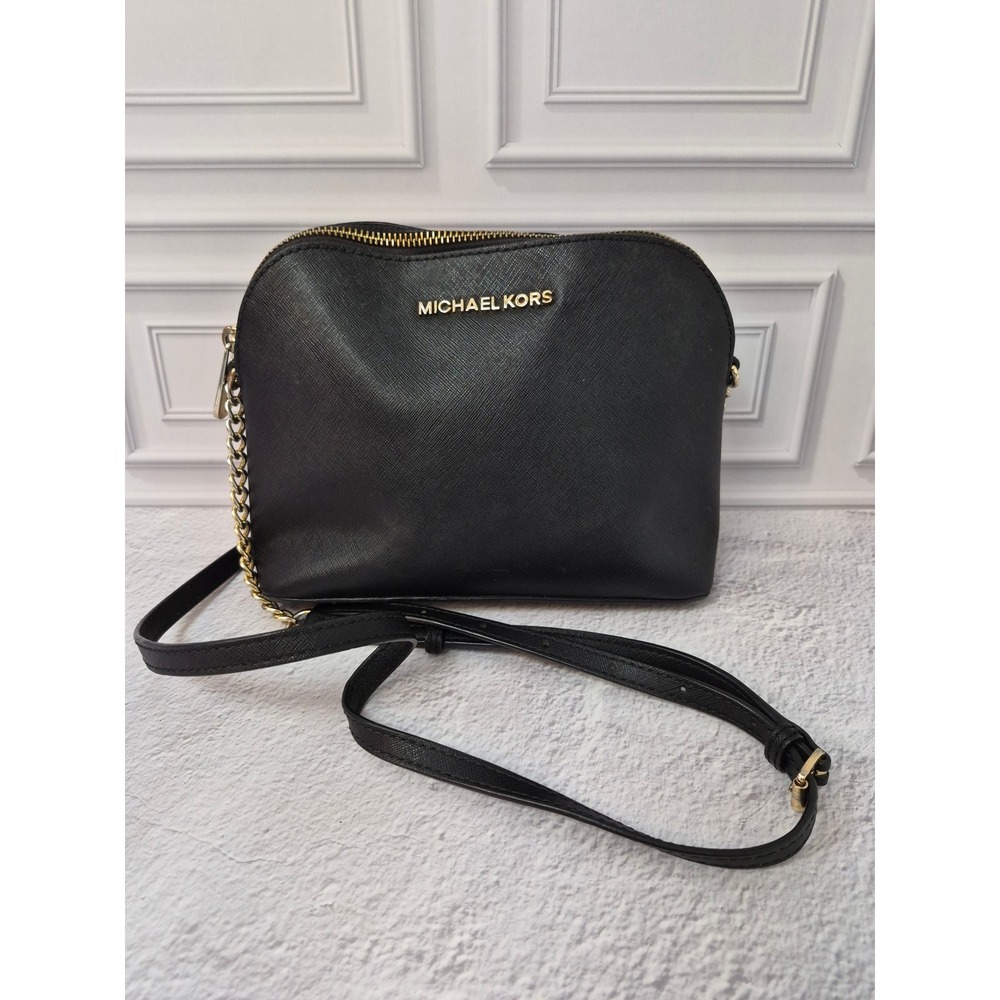 Michael Kors Cindy Dome Crossbody Bag Black Saffiano Leather Gold Tone Hardware